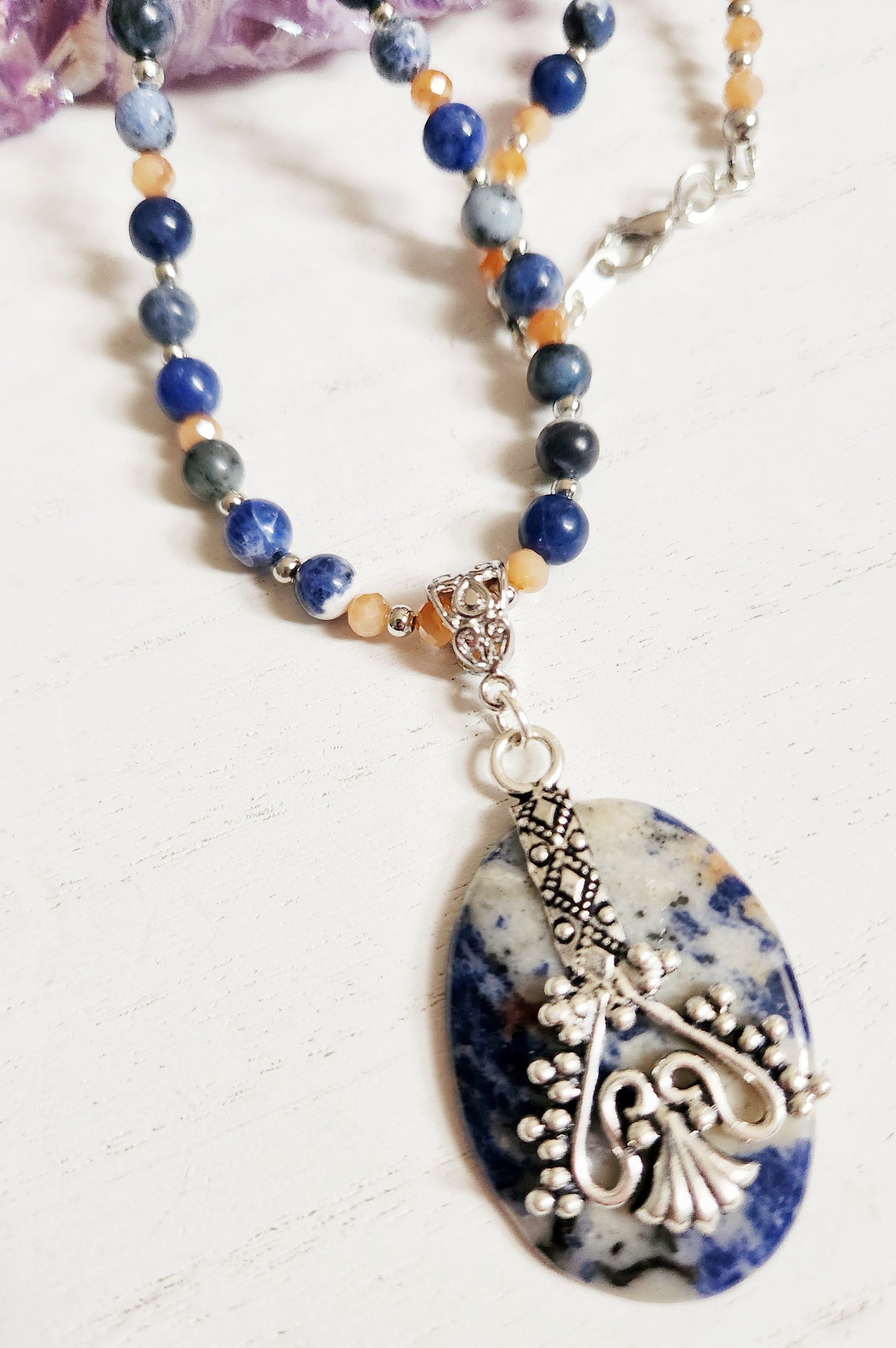 Sodalite gemstone necklace, beaded statement necklace, gift for Mom, sister gift, artisan silver jewelry