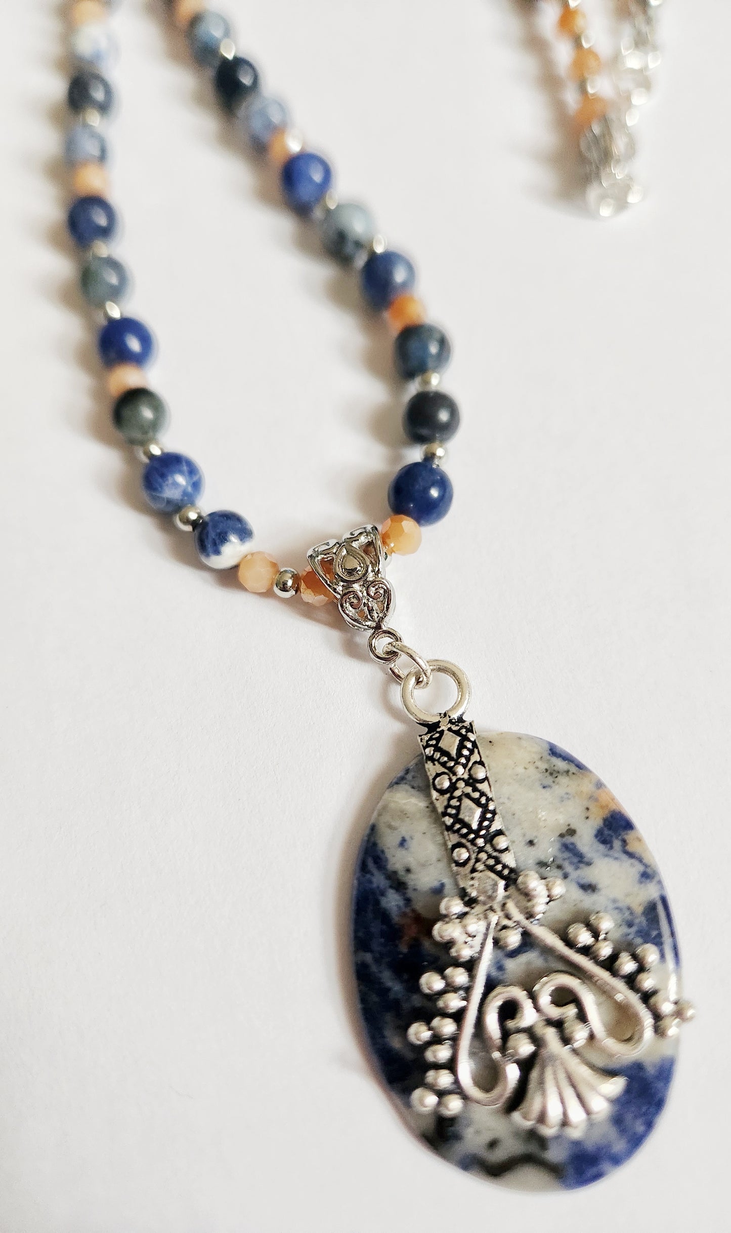 Sodalite gemstone necklace, beaded statement necklace, gift for Mom, sister gift, artisan silver jewelry