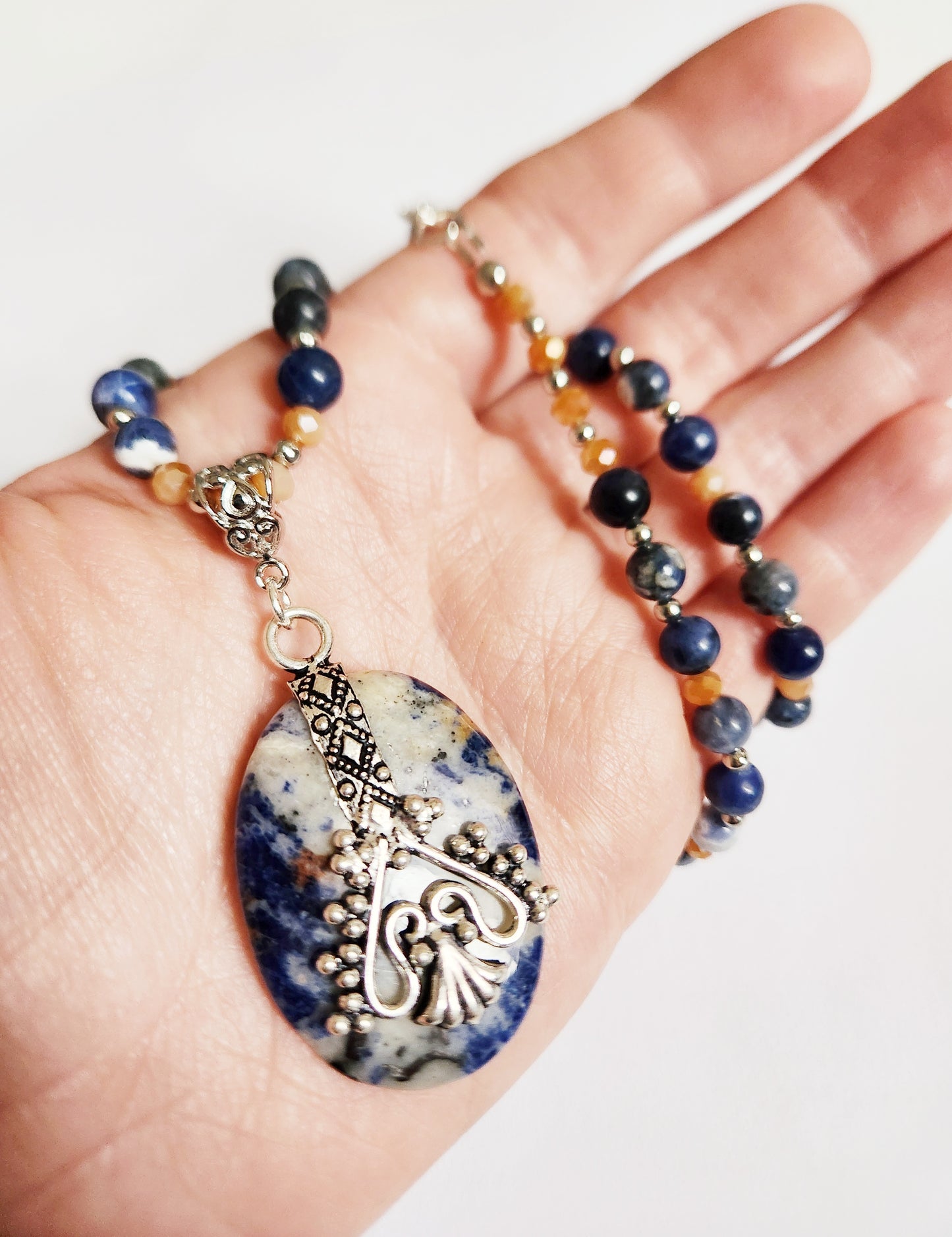 Sodalite gemstone necklace, beaded statement necklace, gift for Mom, sister gift, artisan silver jewelry