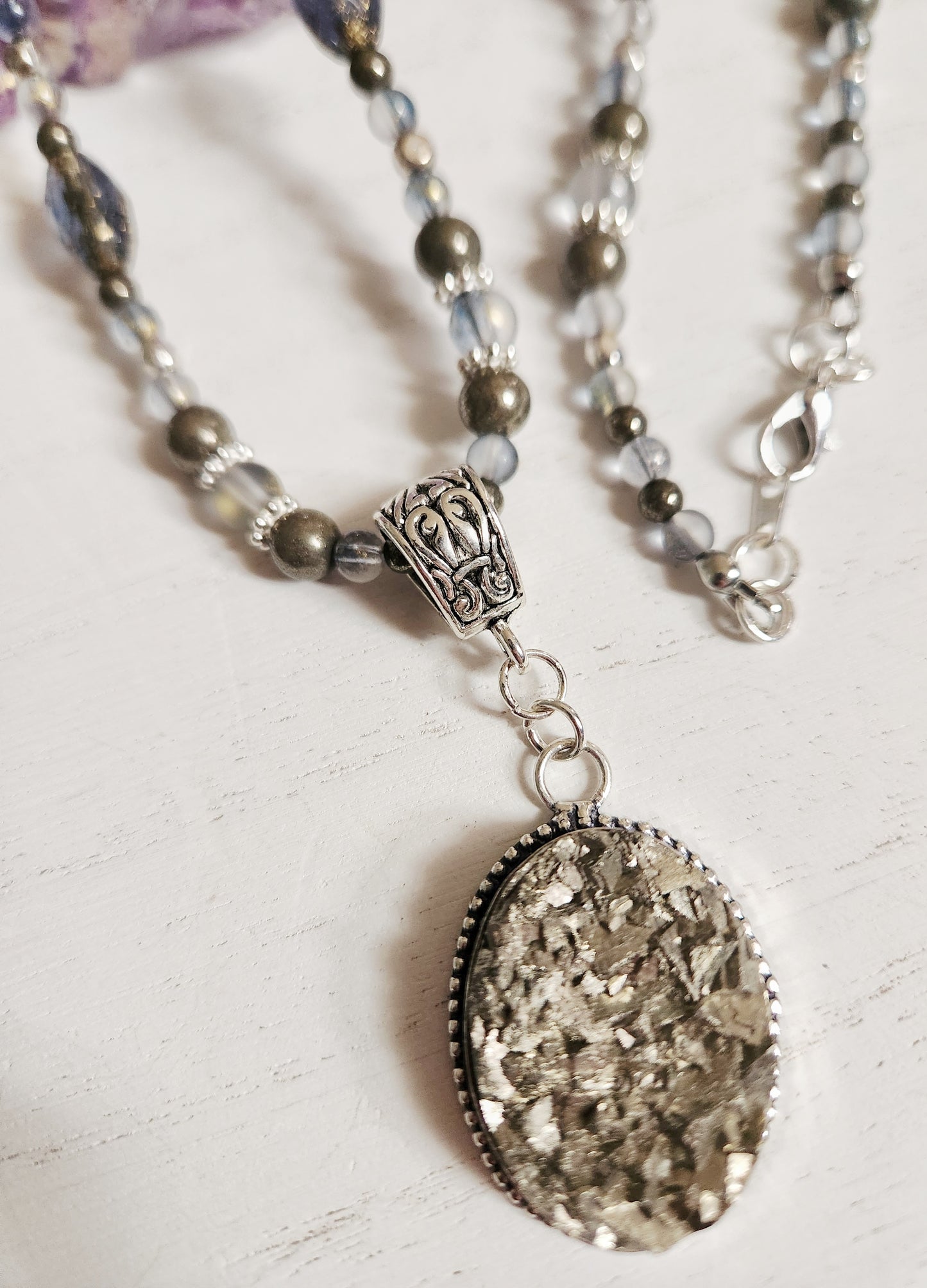 Pyrite gemstone necklace, beaded statement necklace, gift for Mom, sister gift, artisan silver jewelry