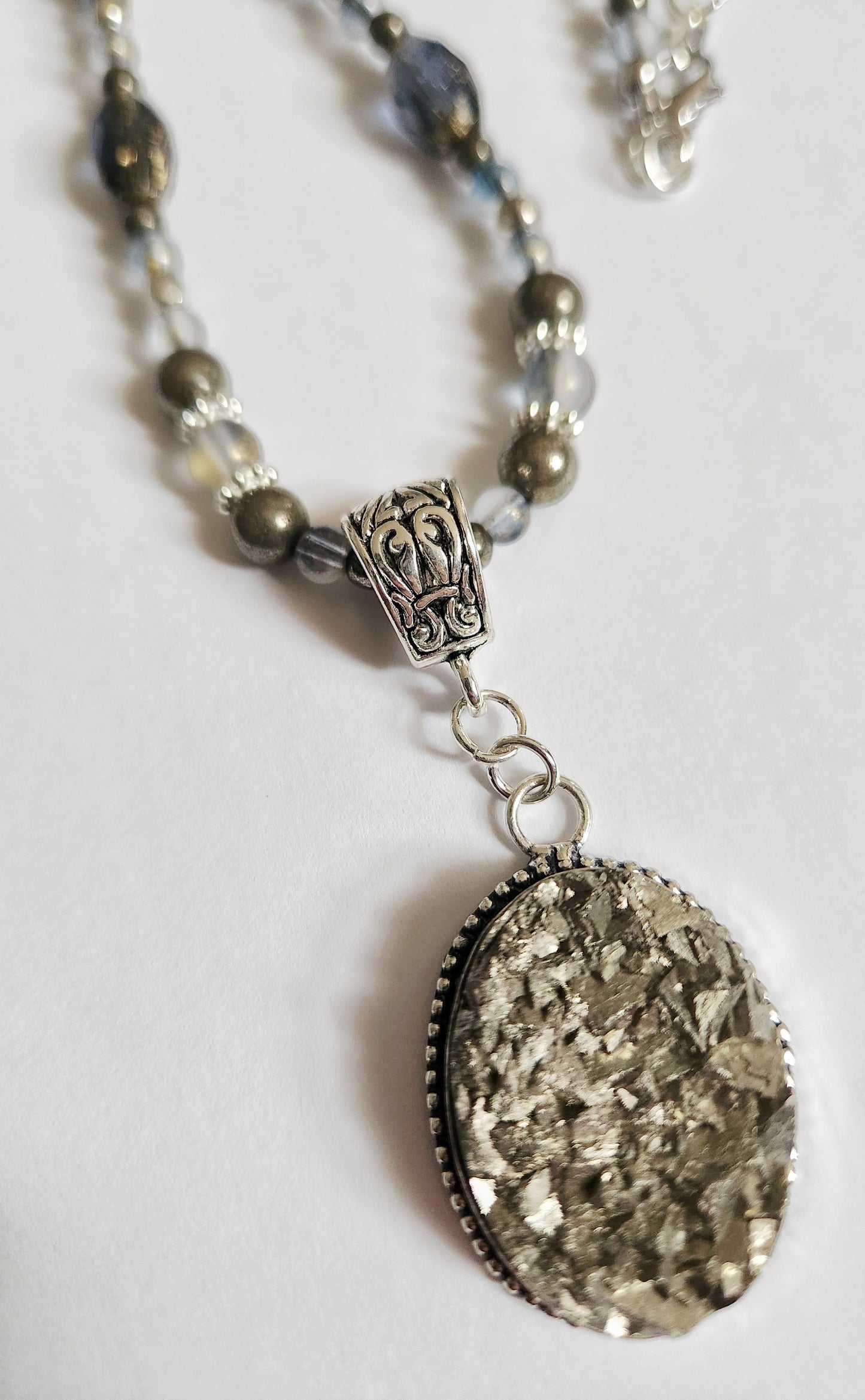 Pyrite gemstone necklace, beaded statement necklace, gift for Mom, sister gift, artisan silver jewelry