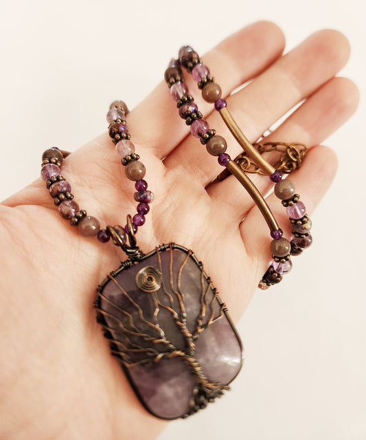 Amethyst Necklace, Tree of Life necklace , copper jewelry, Art deco necklace, Best Friend gift