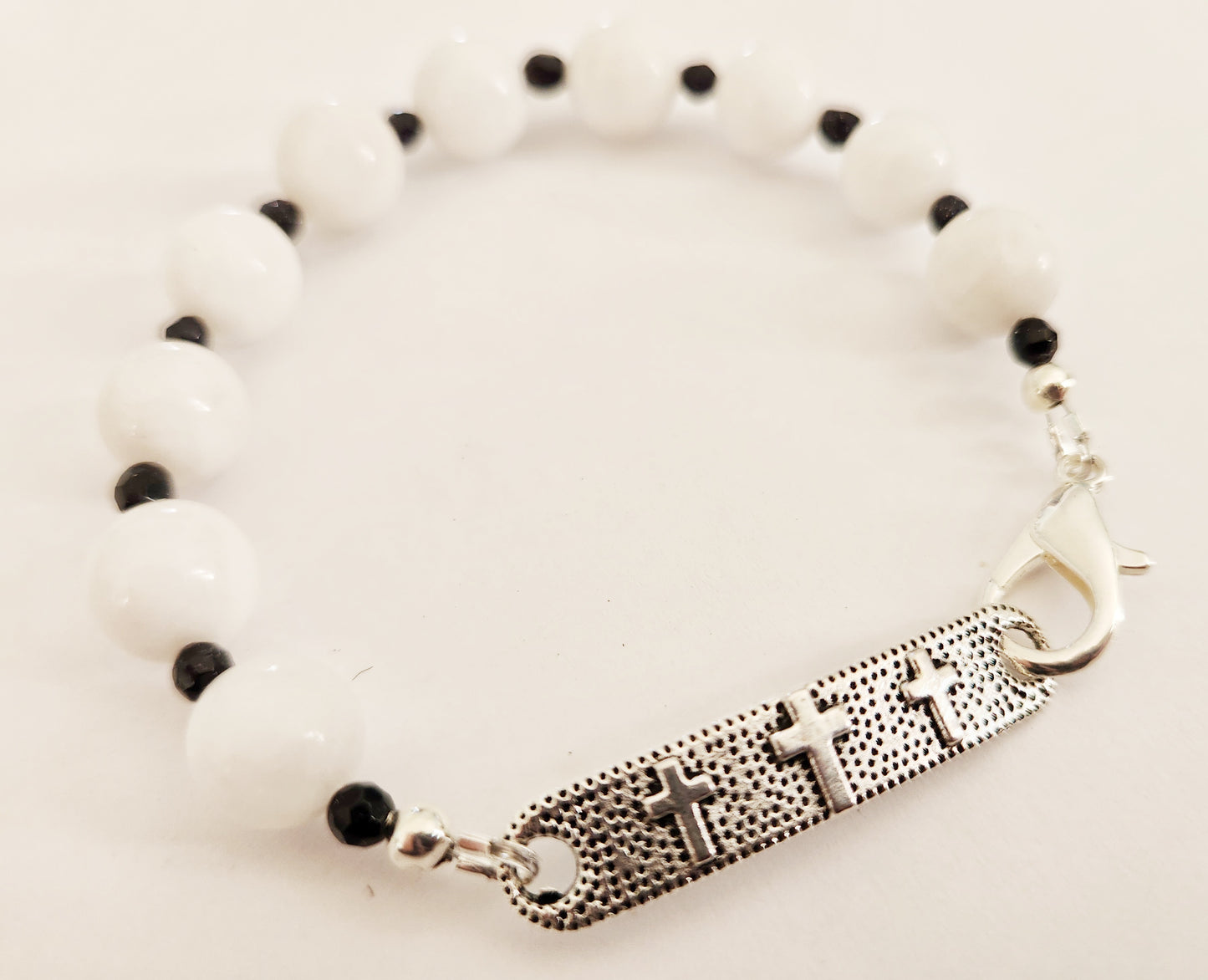 White Jade bracelet, Mens bracelet, silver cross bracelet, large size bracelet, beaded bracelet, gift for him, gifts under 20