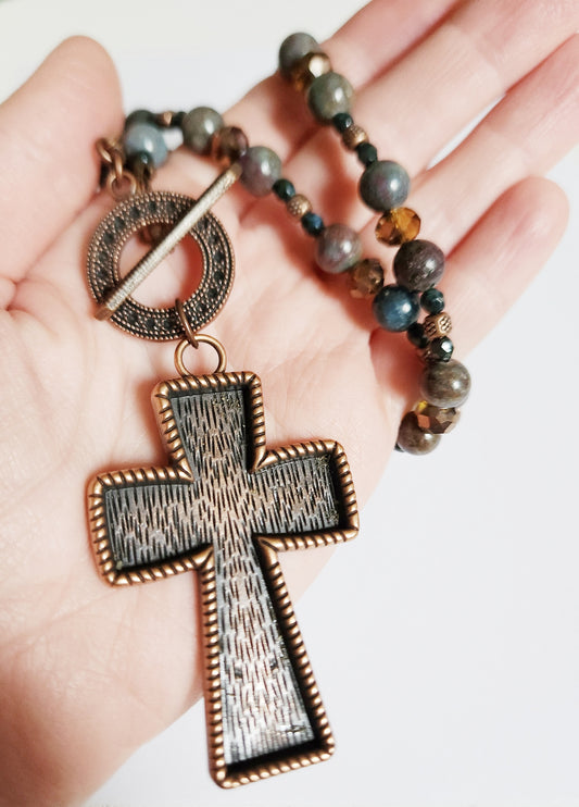 Copper cross chunky gemstone necklace
