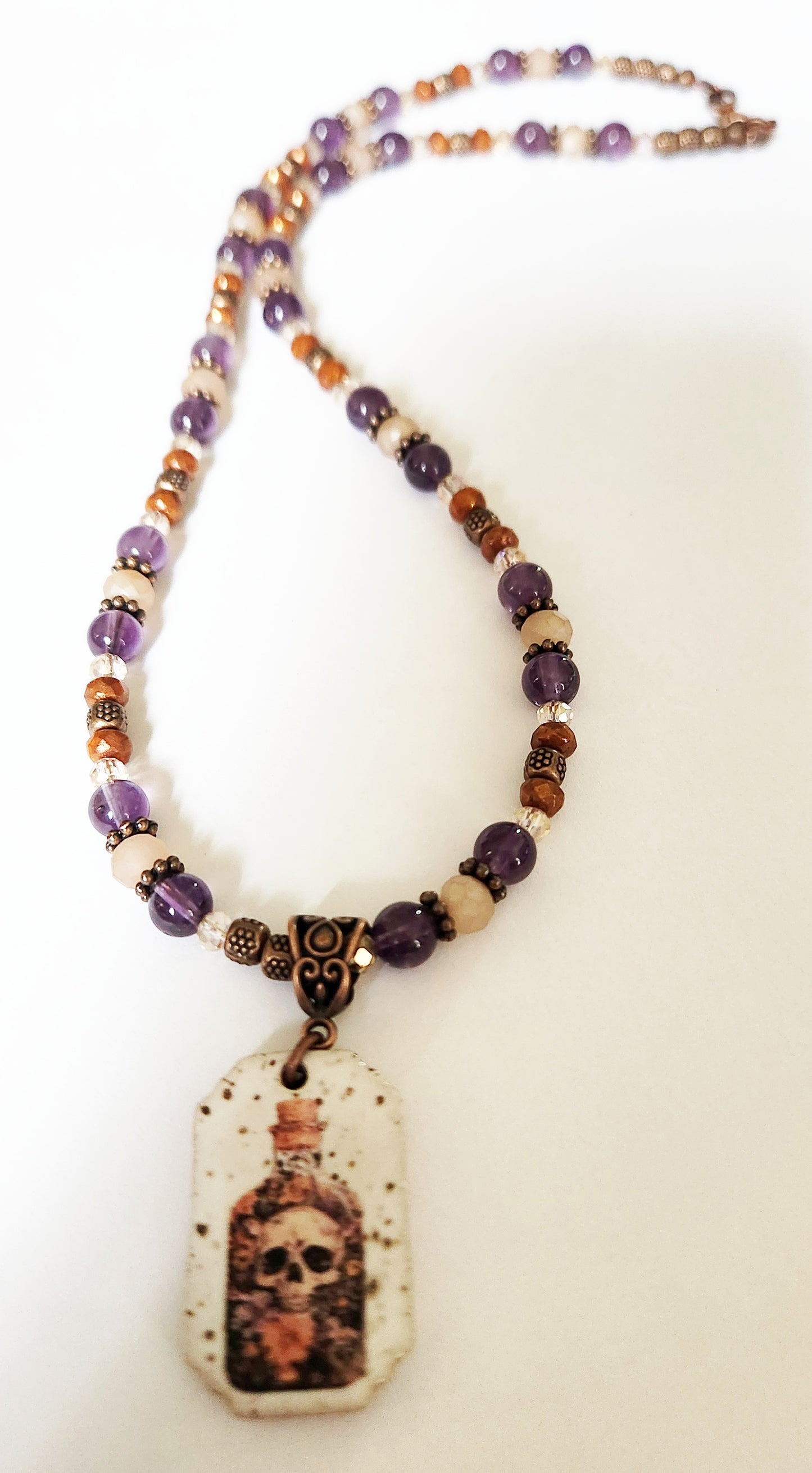 Halloween skull Amethyst gemstone copper necklace