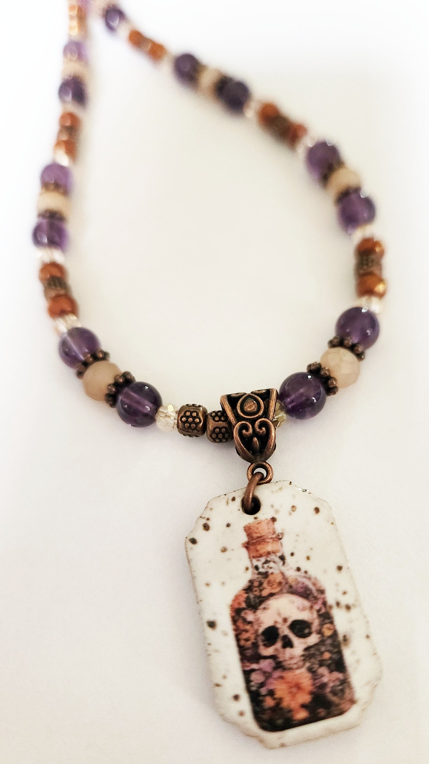 Halloween skull Amethyst gemstone copper necklace