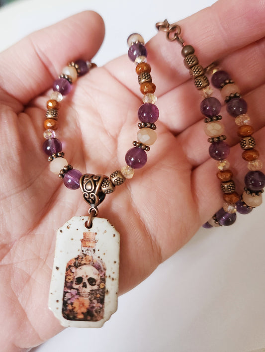 Halloween skull Amethyst gemstone copper necklace