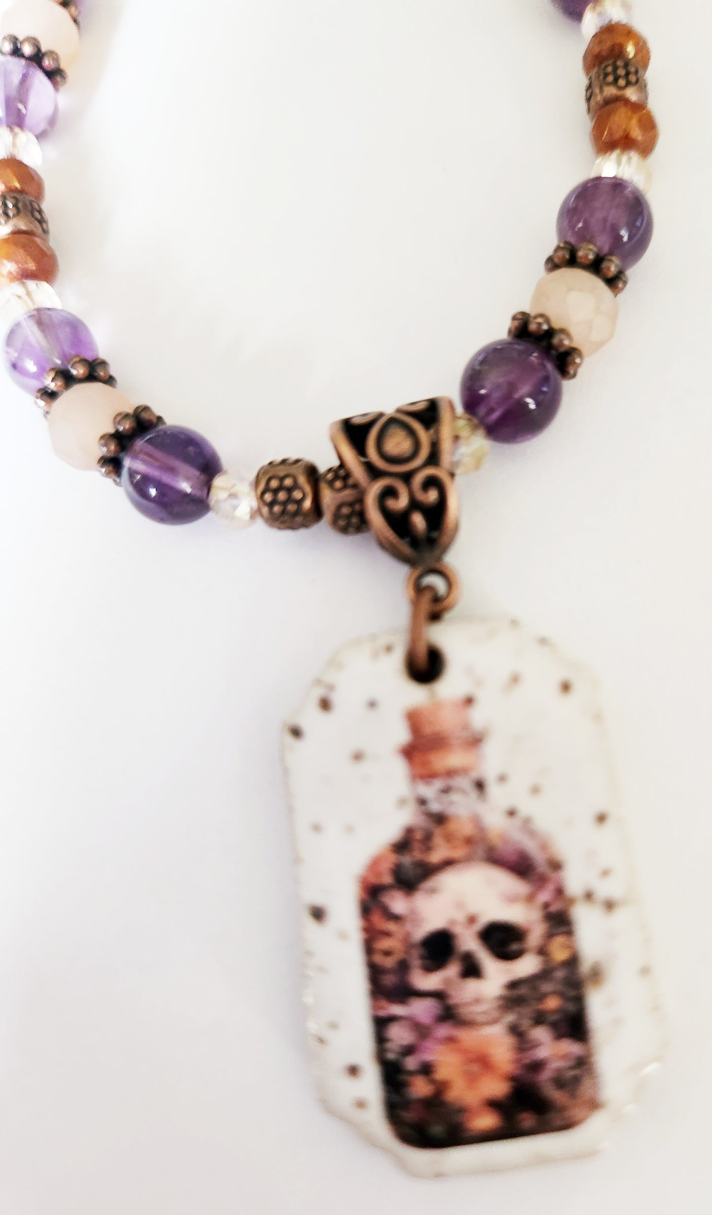 Halloween skull Amethyst gemstone copper necklace