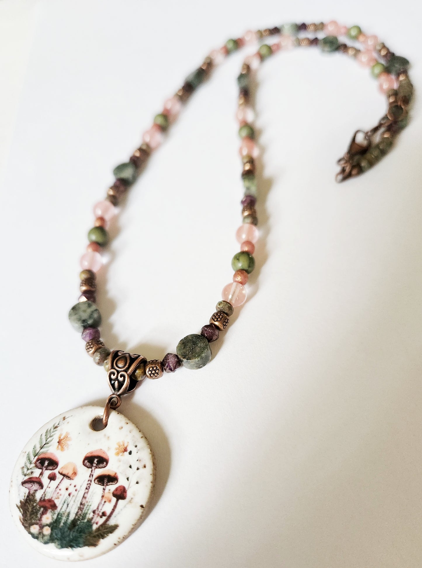 Ceramic mushroom gemstone copper necklace