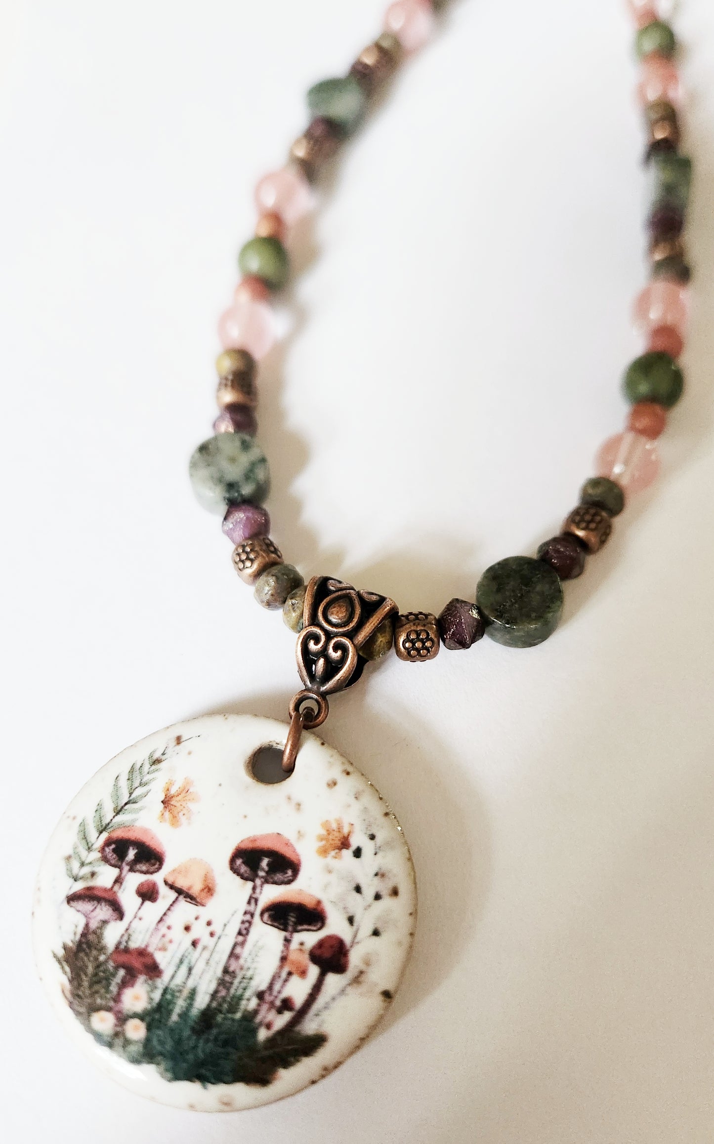 Ceramic mushroom gemstone copper necklace