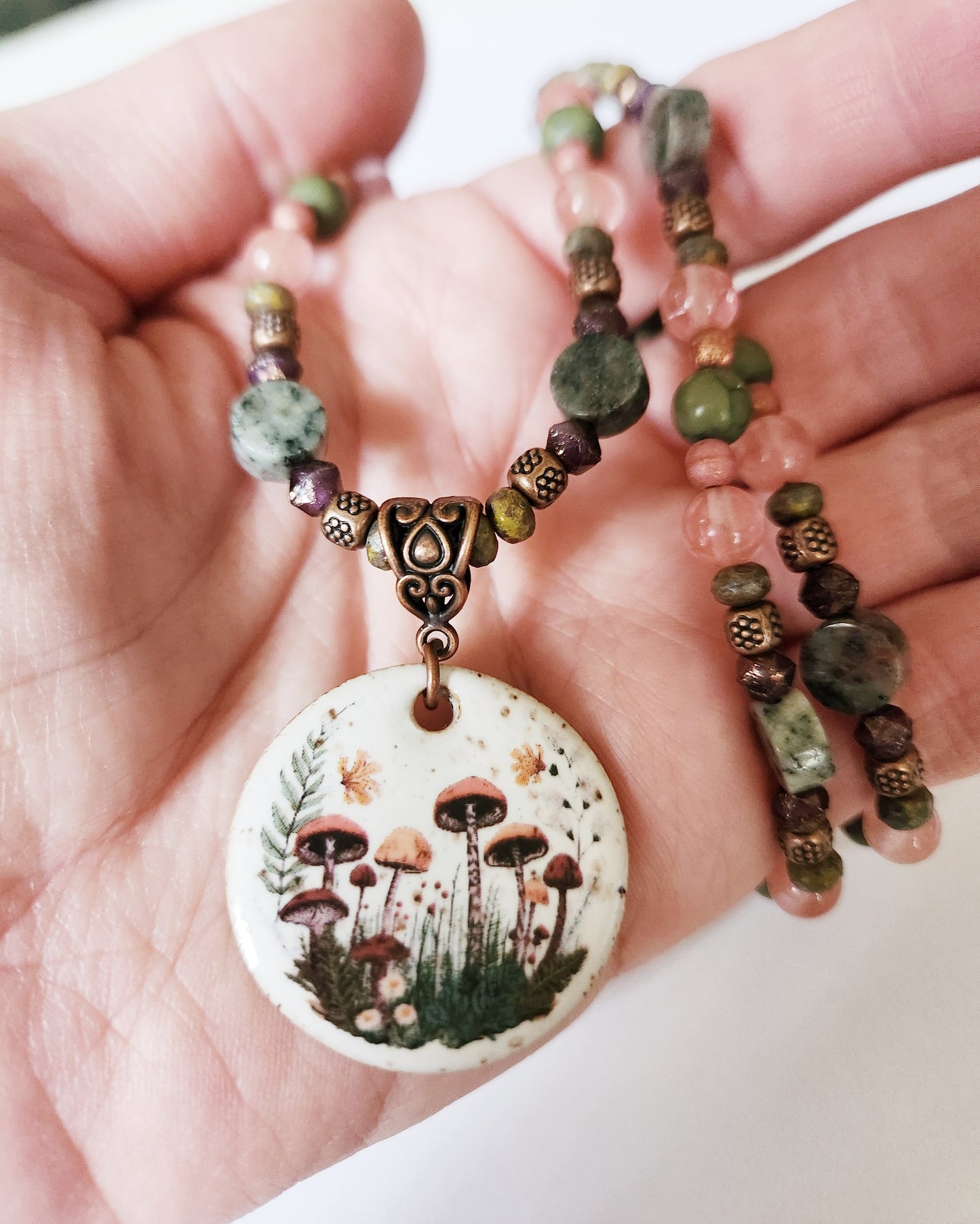 Ceramic mushroom gemstone copper necklace