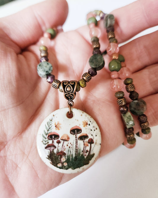 Ceramic mushroom gemstone copper necklace