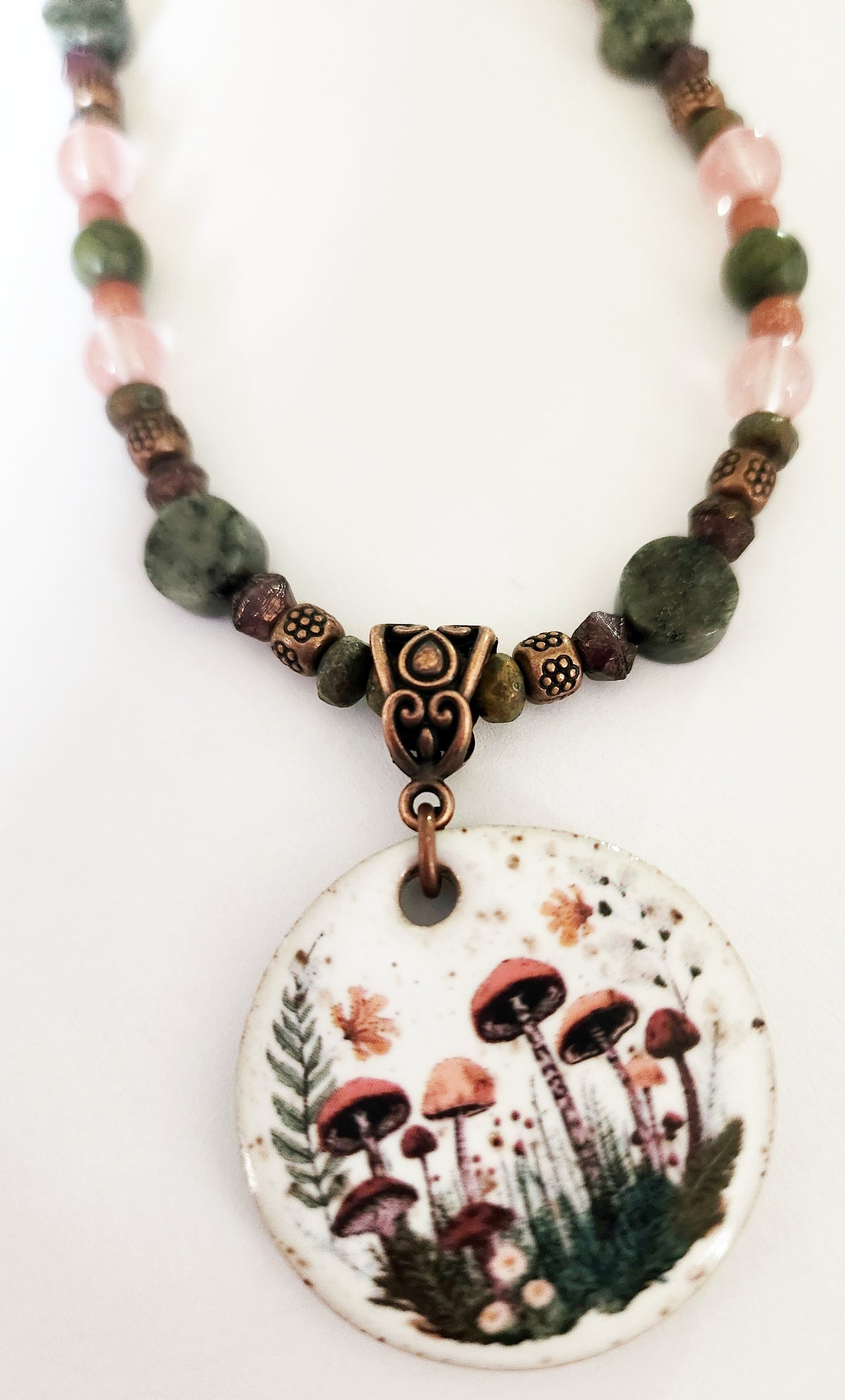 Ceramic mushroom gemstone copper necklace