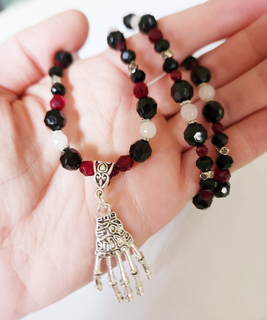 Silver skeleton hand Rose Quartz gemstone necklace