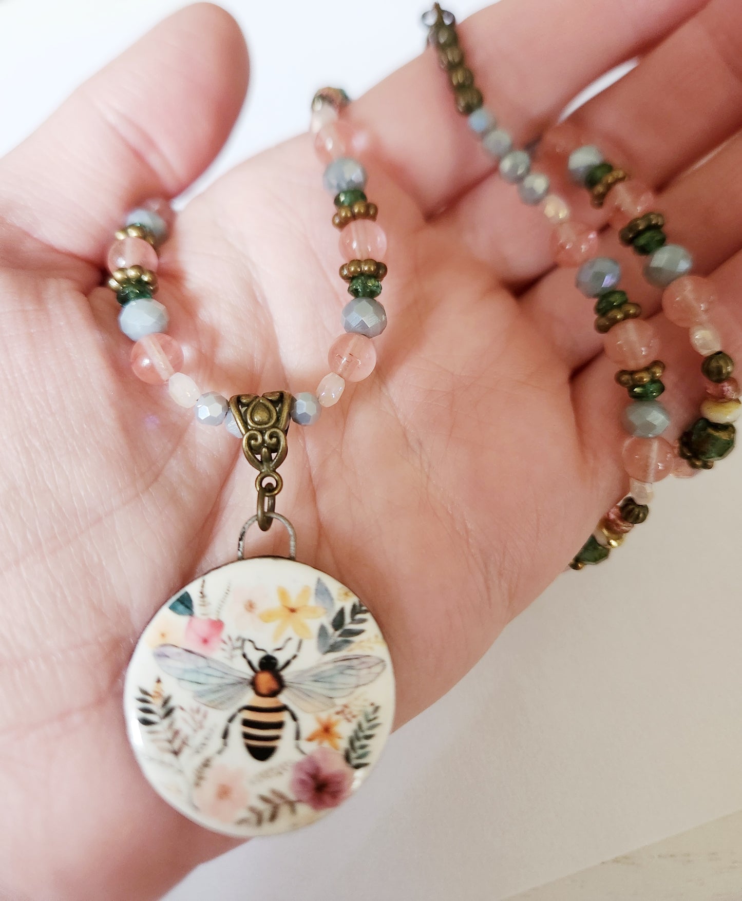 Dark gold bee Cherry Quartz gemstone necklace