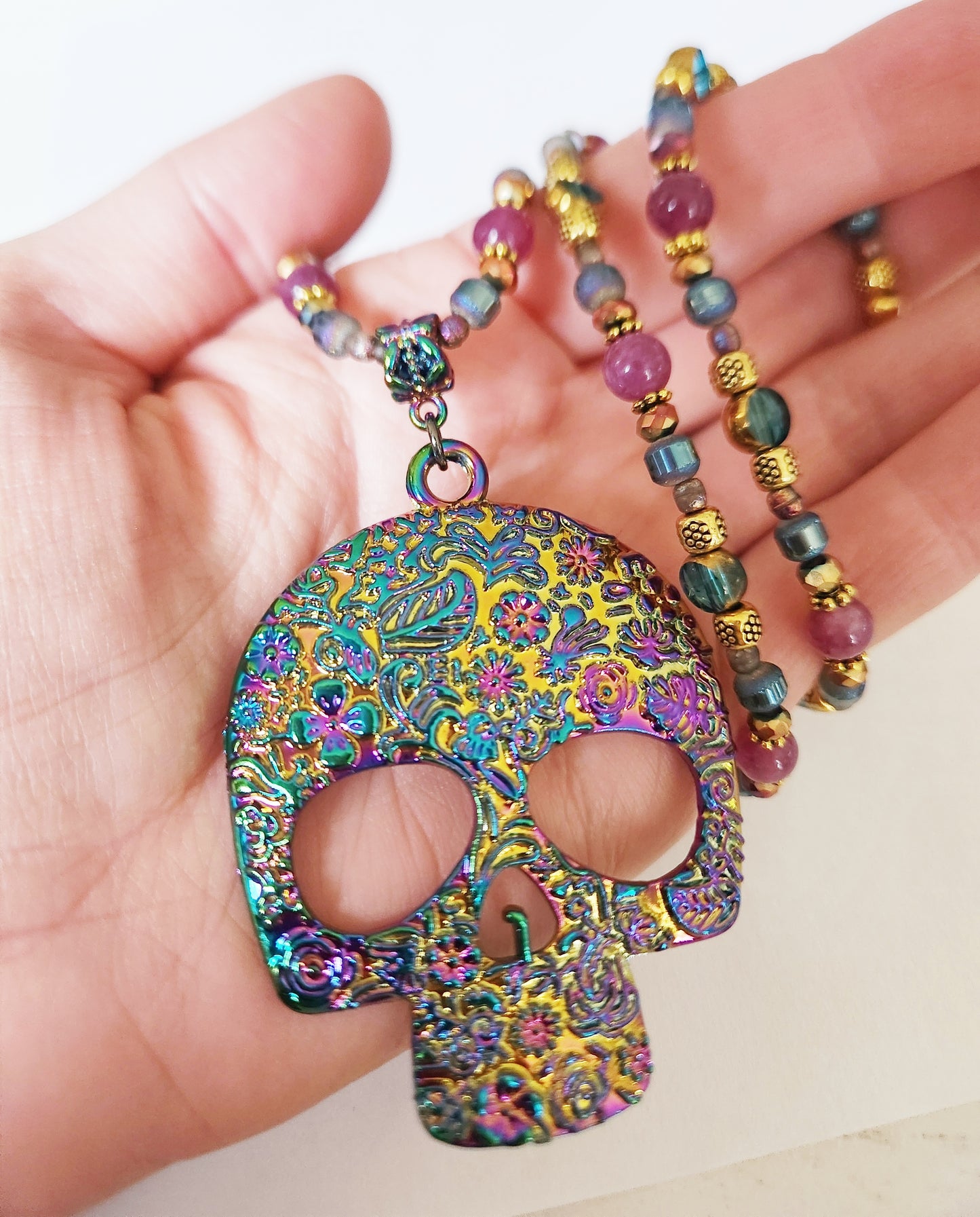 Skeleton necklace, rainbow necklace, rainbow jewelry, Halloween necklace, gold jewelry, statement necklaces for women, birthday gift for best friend, Falloween, Summerween, skeleton jewelry