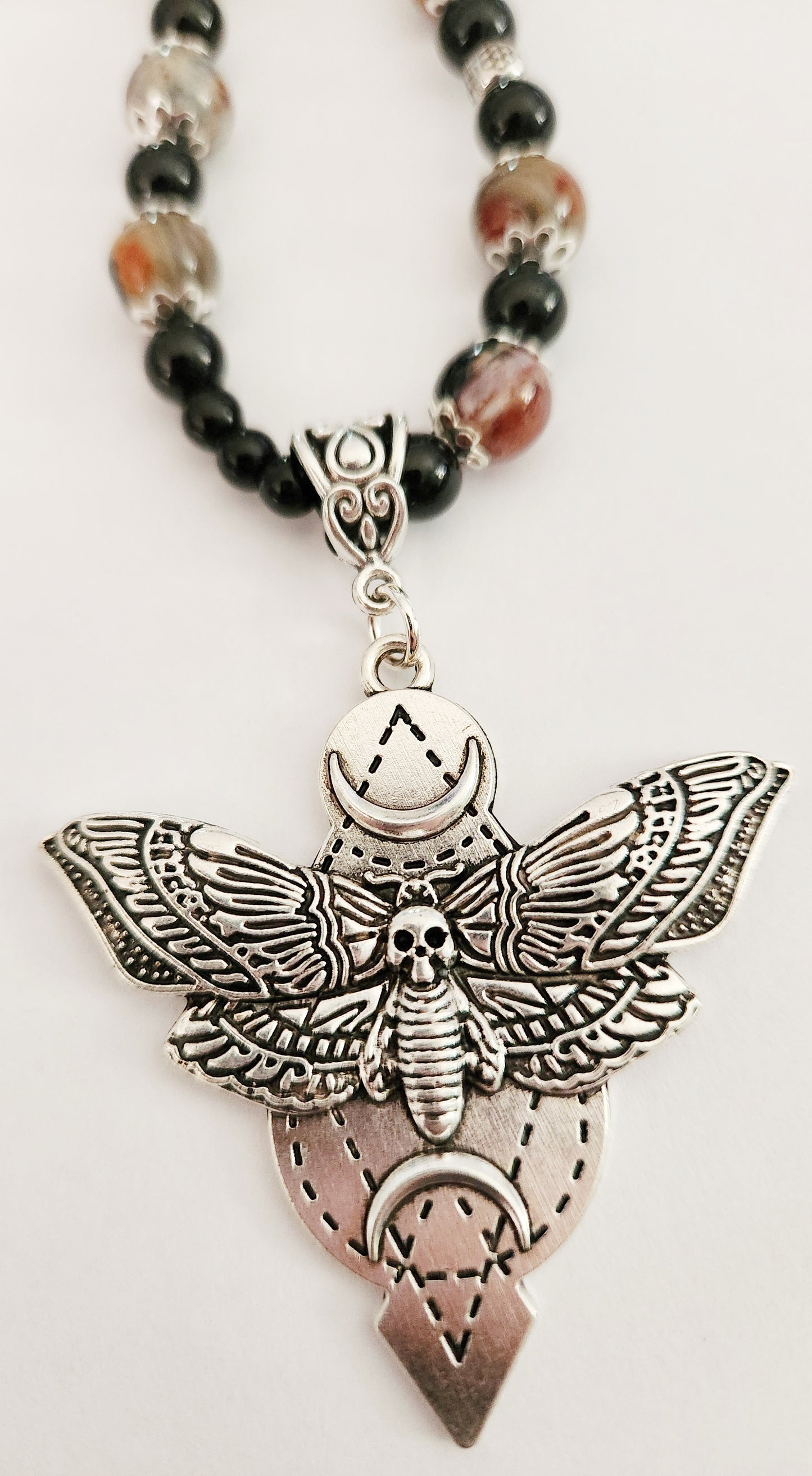 Death head moth necklace, unisex necklace, Summerween, Falloween, Halloween jewelry, beaded necklace, moth jewelry