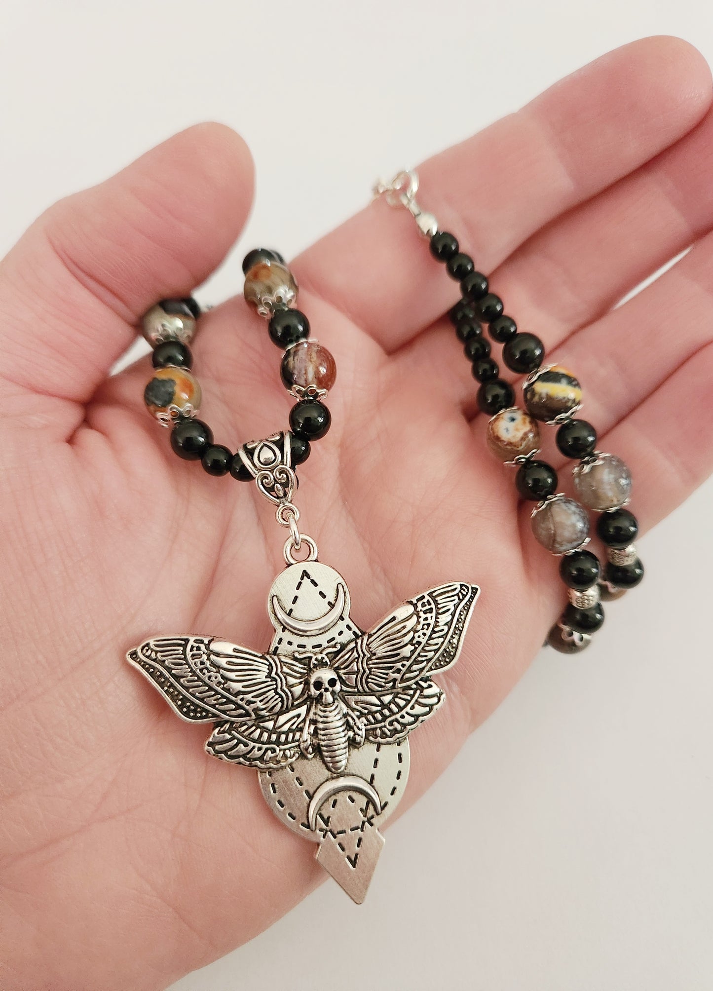 Death head moth necklace, unisex necklace, Summerween, Falloween, Halloween jewelry, beaded necklace, moth jewelry