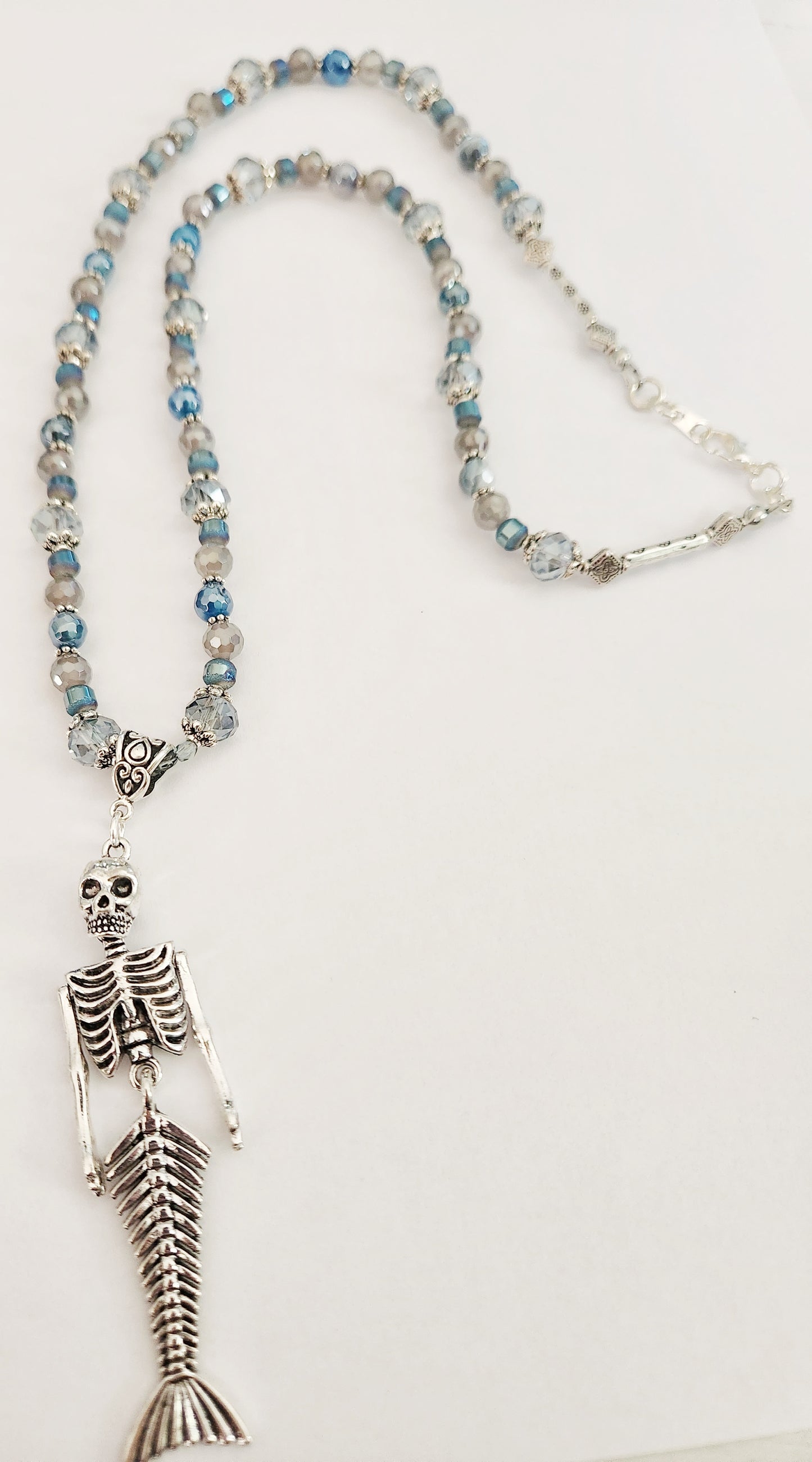 Mermaid skeleton necklace, blue necklace, blue jewelry, Halloween necklace, mermaid jewelry, silver jewelry, statement necklaces for women, birthday gift for best friend, Falloween, Summerween, skeleton jewelry