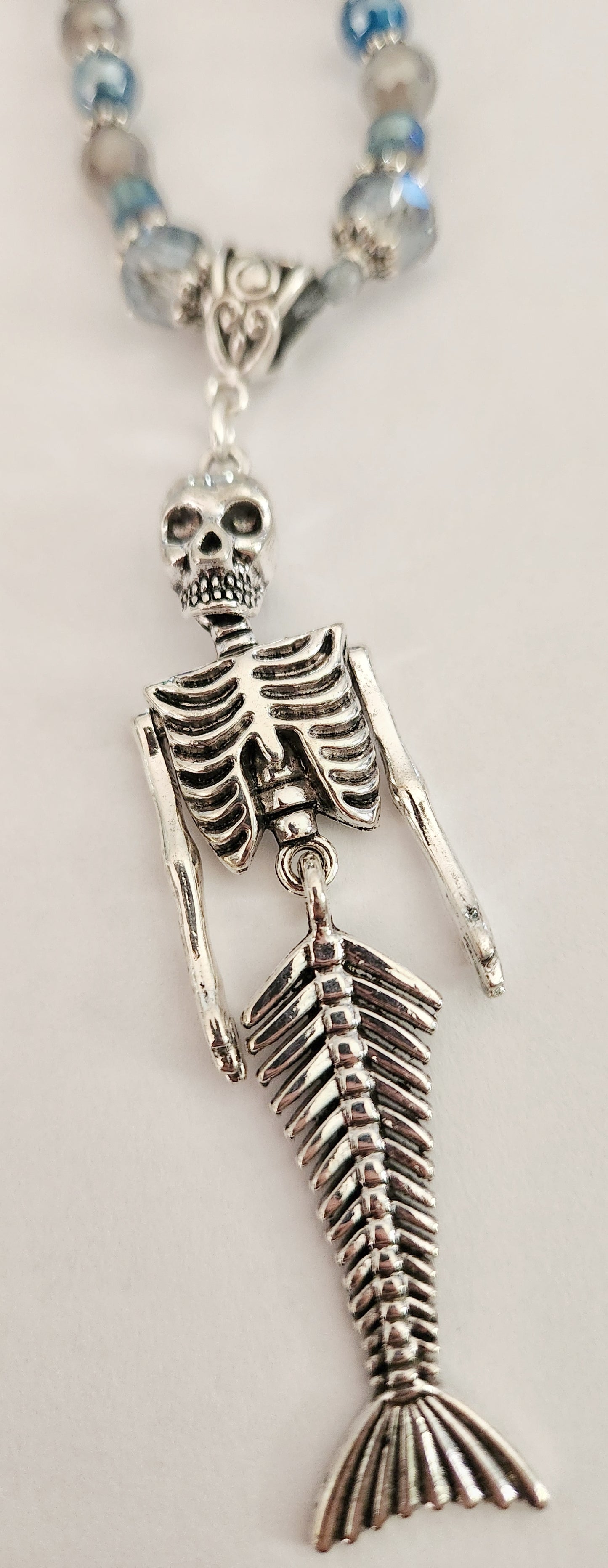 Mermaid skeleton necklace, blue necklace, blue jewelry, Halloween necklace, mermaid jewelry, silver jewelry, statement necklaces for women, birthday gift for best friend, Falloween, Summerween, skeleton jewelry