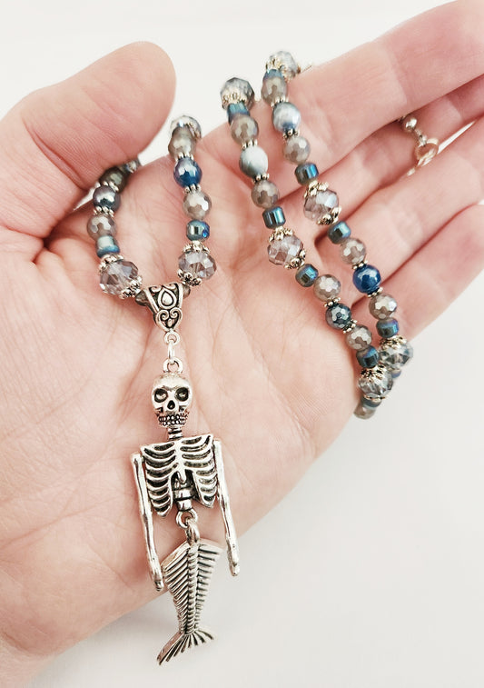 Mermaid skeleton necklace, blue necklace, blue jewelry, Halloween necklace, mermaid jewelry, silver jewelry, statement necklaces for women, birthday gift for best friend, Falloween, Summerween, skeleton jewelry