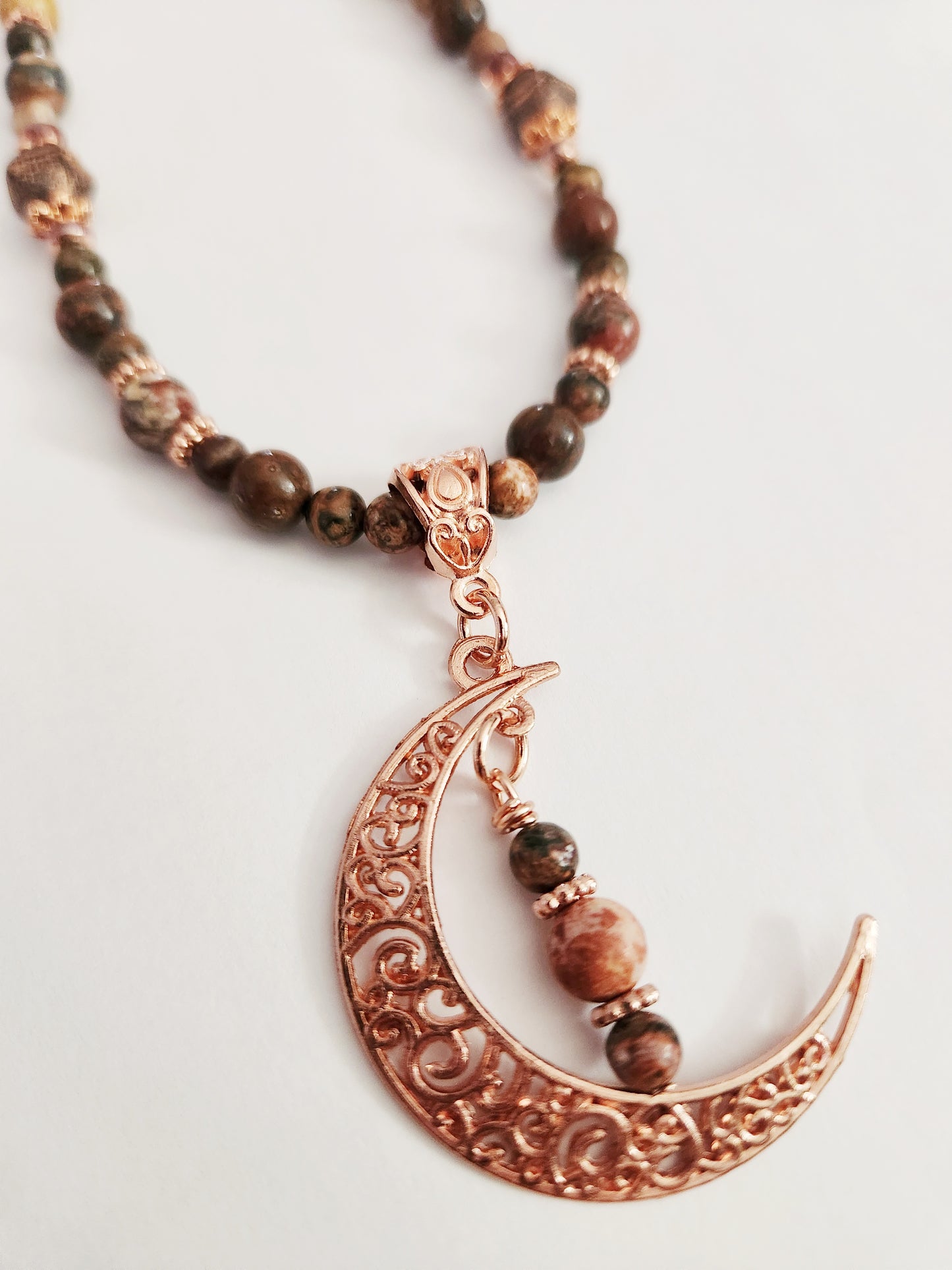 Rose gold crescent moon Jasper gemstone necklace