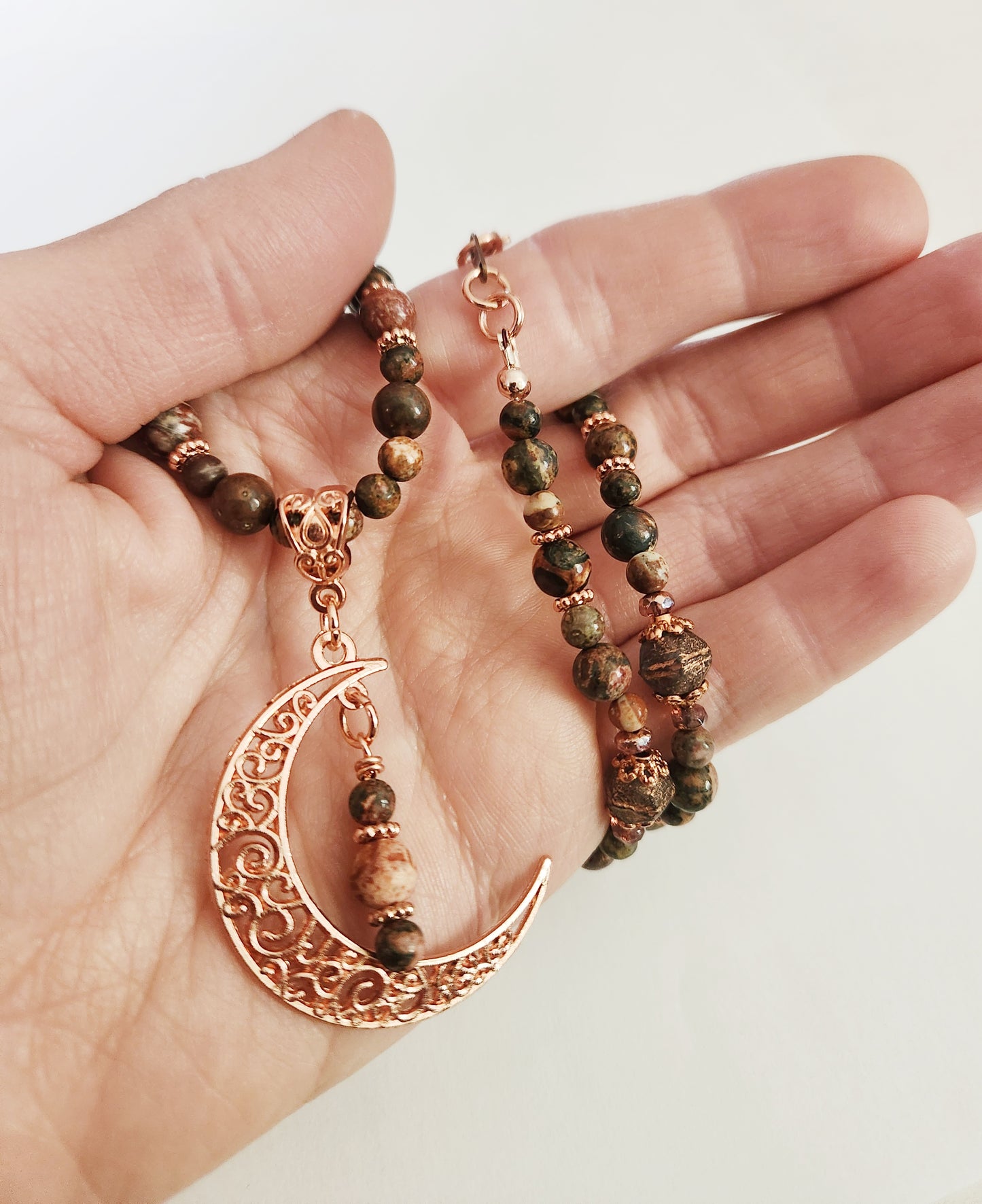 Rose gold crescent moon Jasper gemstone necklace