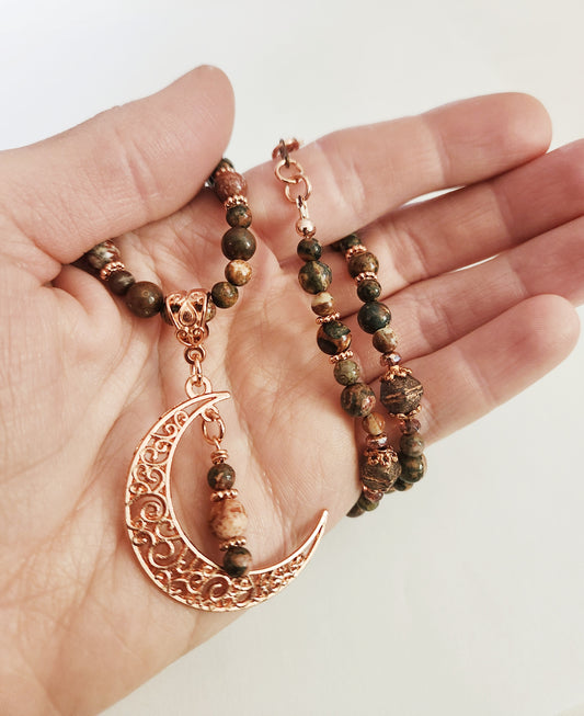 Rose gold crescent moon Jasper gemstone necklace