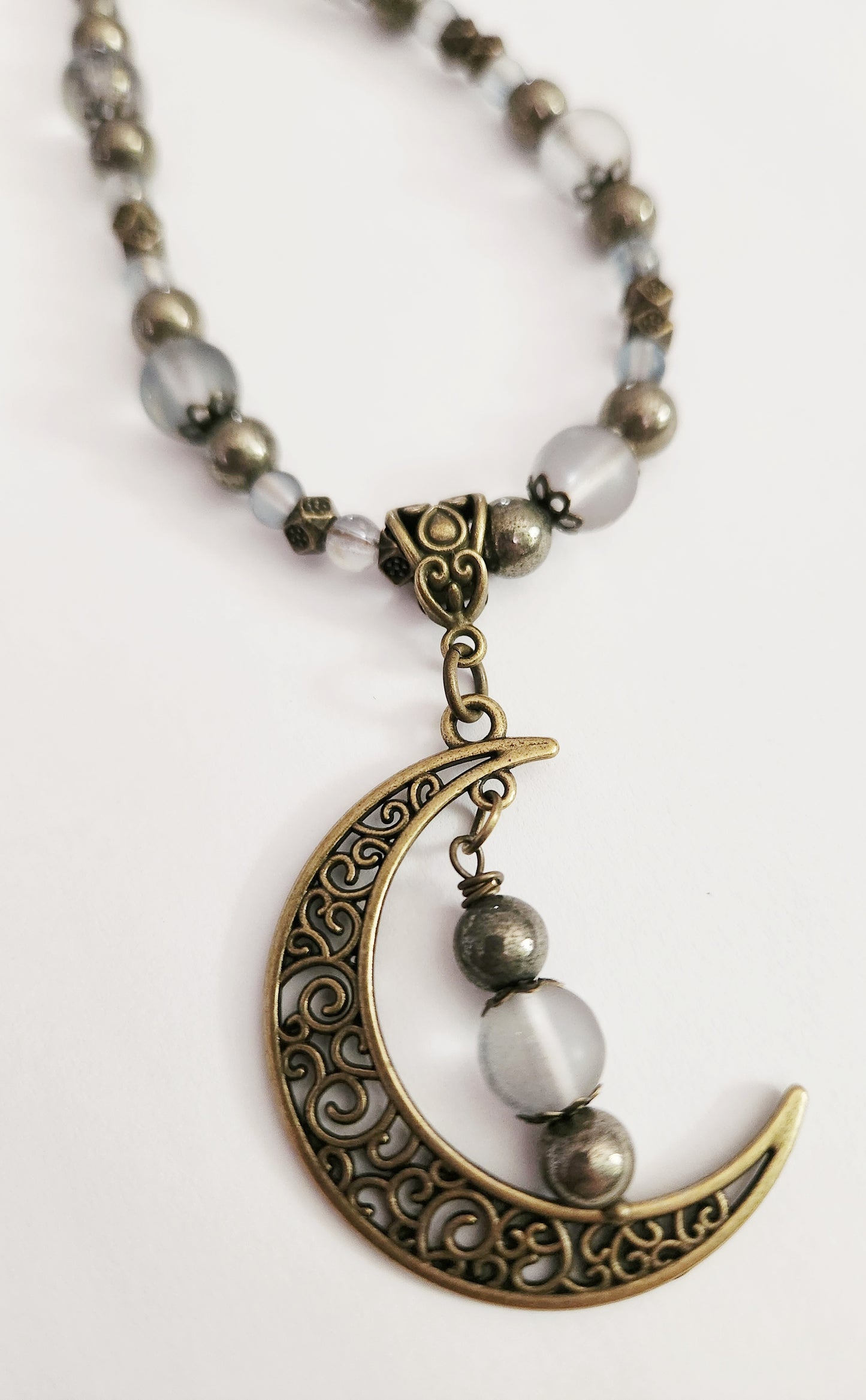 Dark gold crescent moon Pyrite gemstone necklace