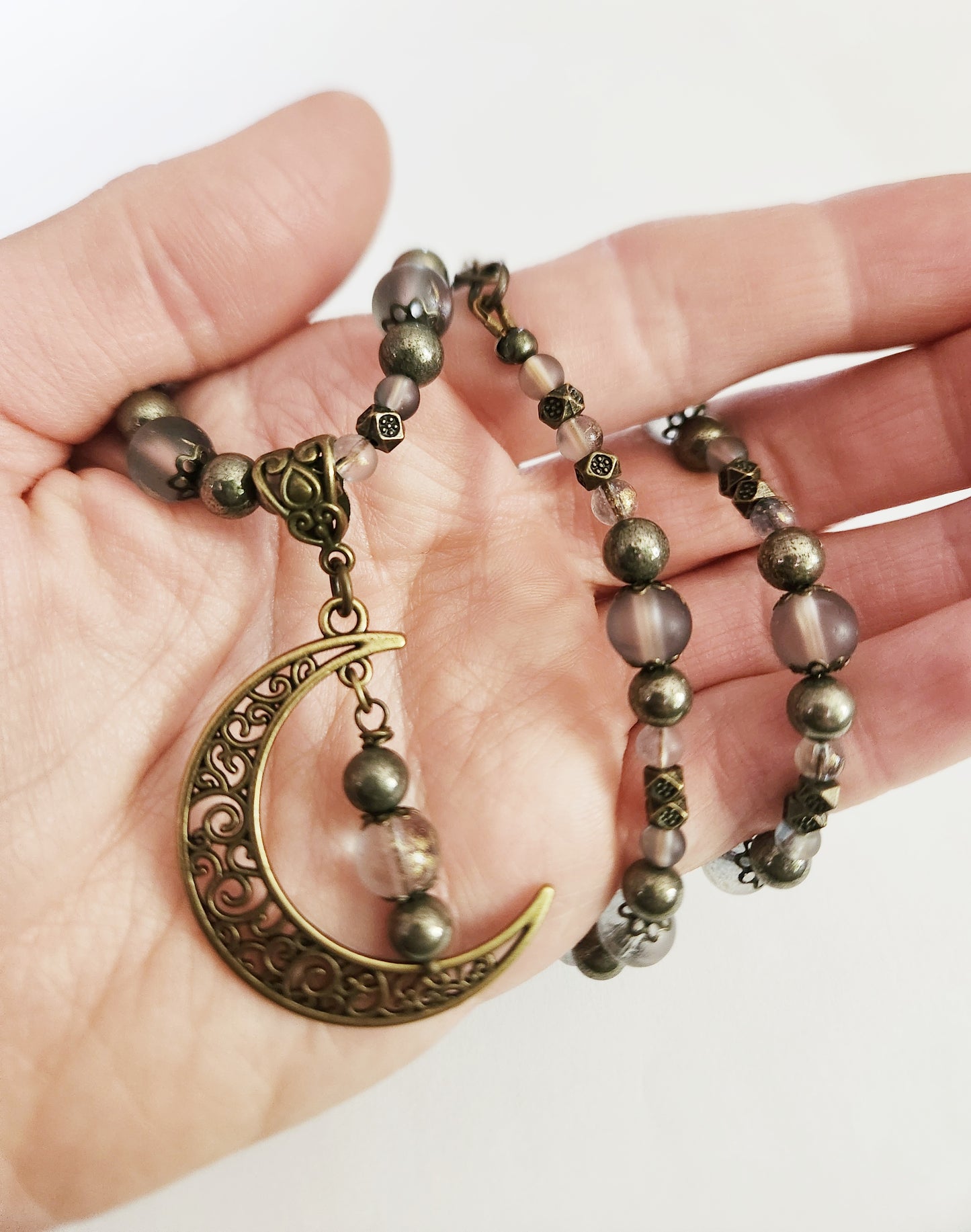 Dark gold crescent moon Pyrite gemstone necklace