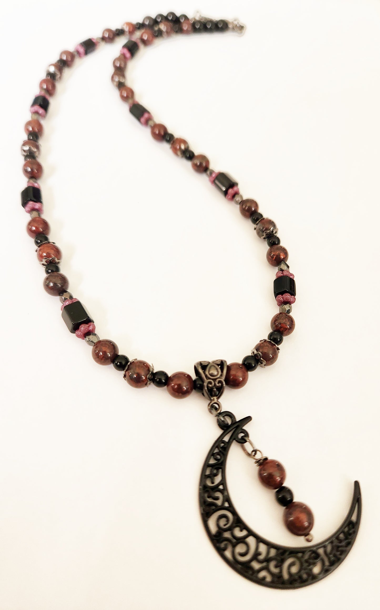 Black crescent moon gemstone necklace