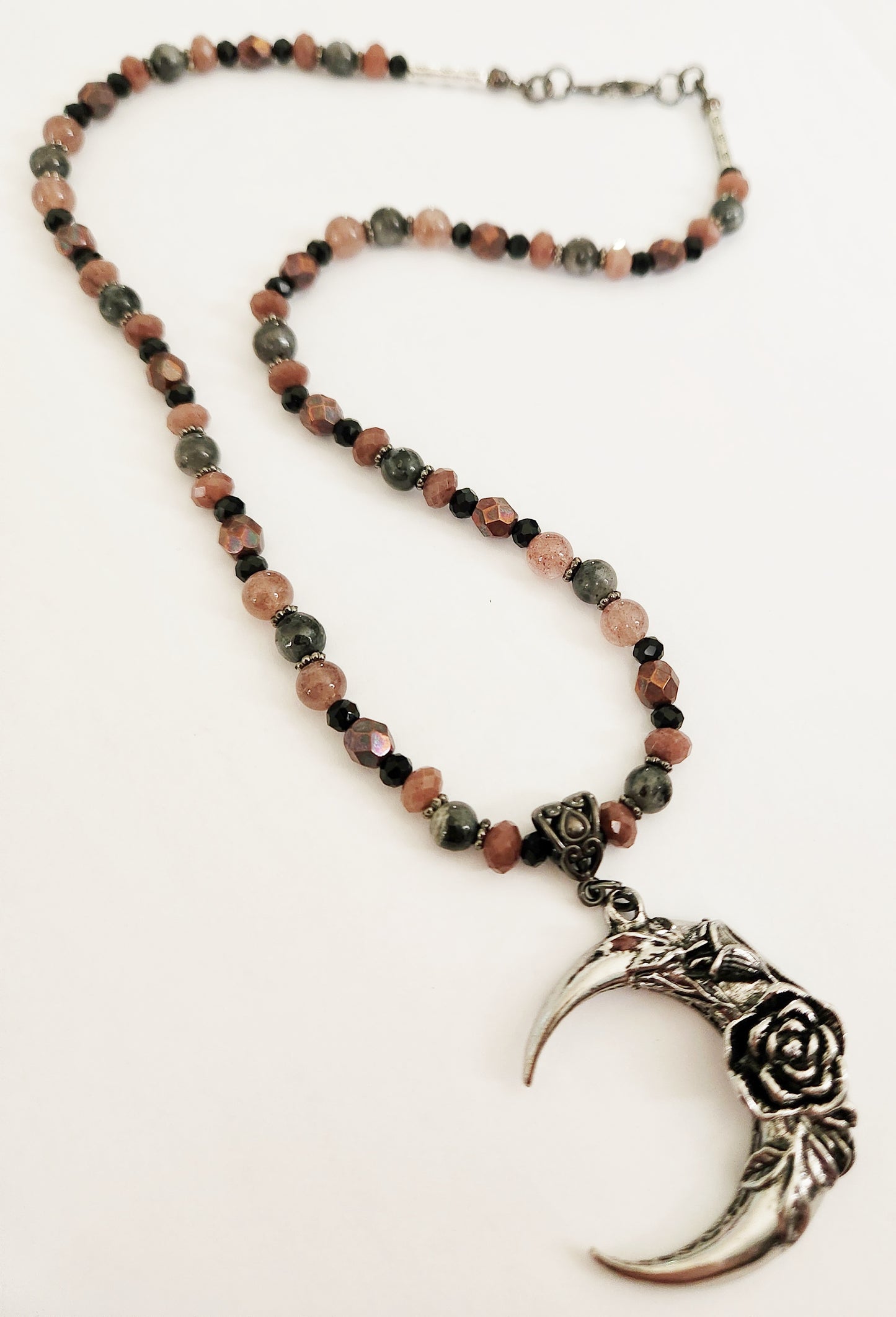 Dark silver crescent moon gemstone necklace