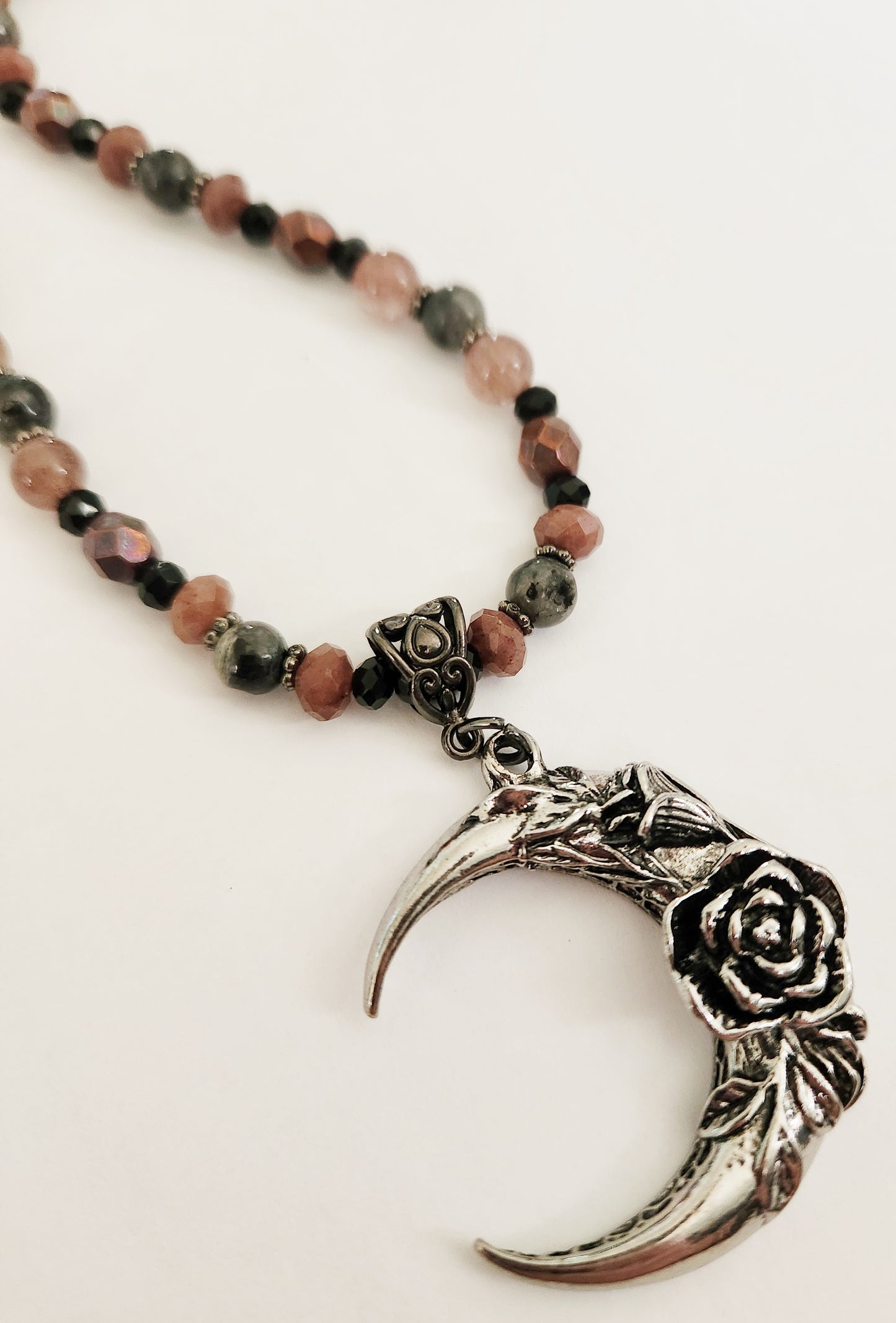 Dark silver crescent moon gemstone necklace