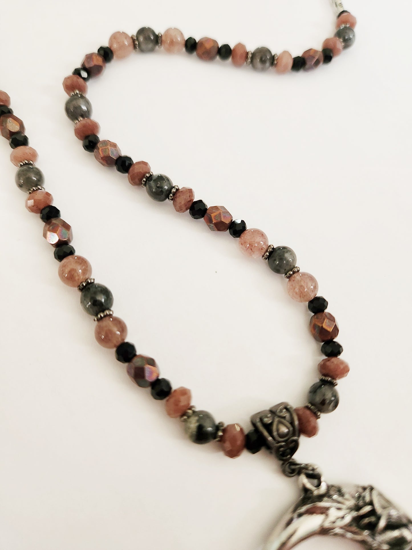 Dark silver crescent moon gemstone necklace