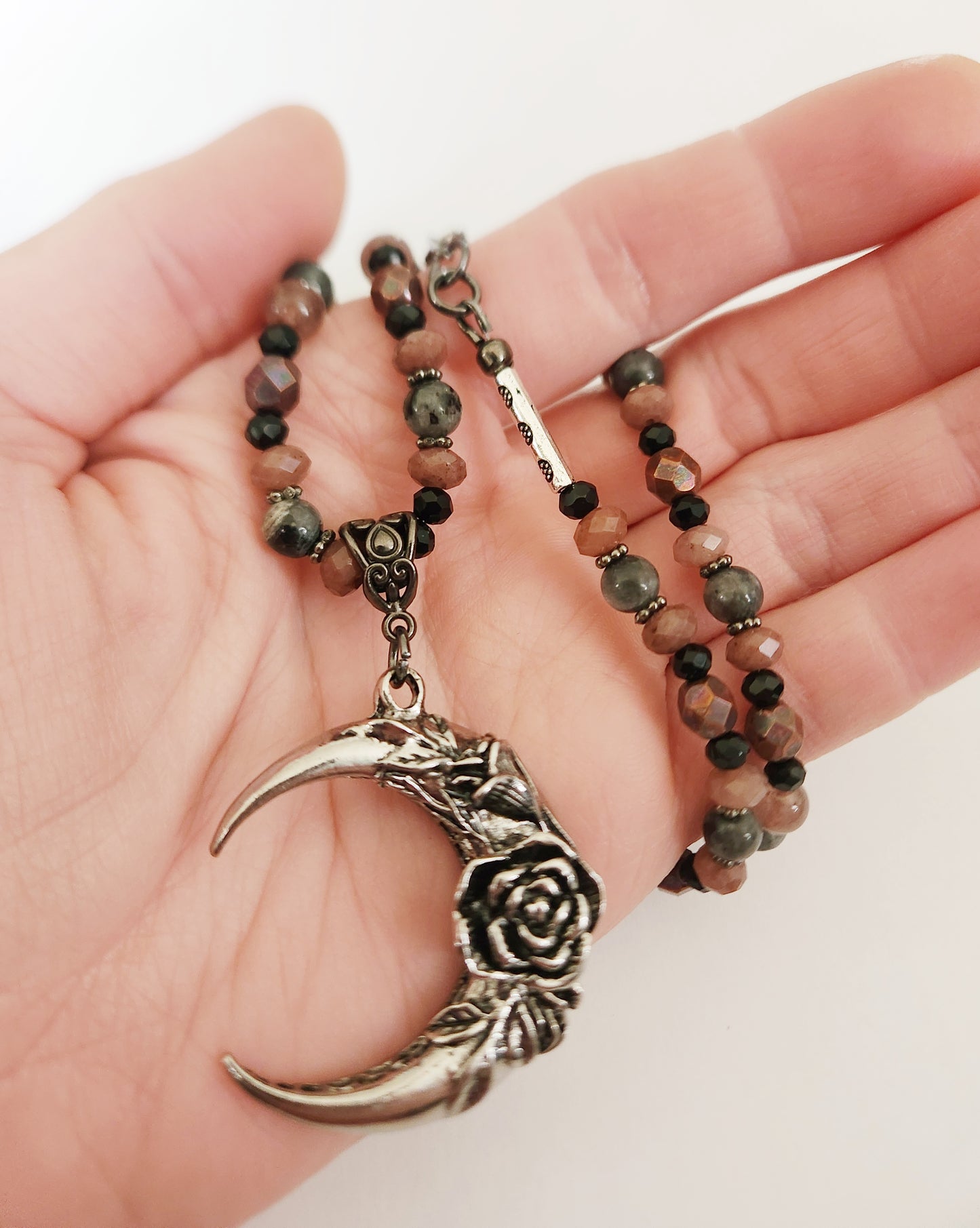 Dark silver crescent moon gemstone necklace