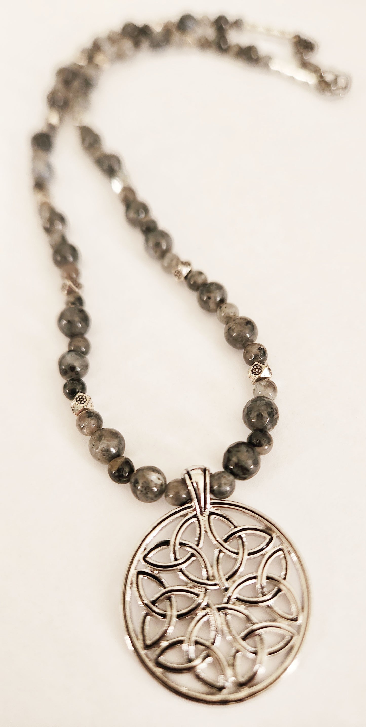 Silver knot circle necklace, Larkavite gemstone necklace