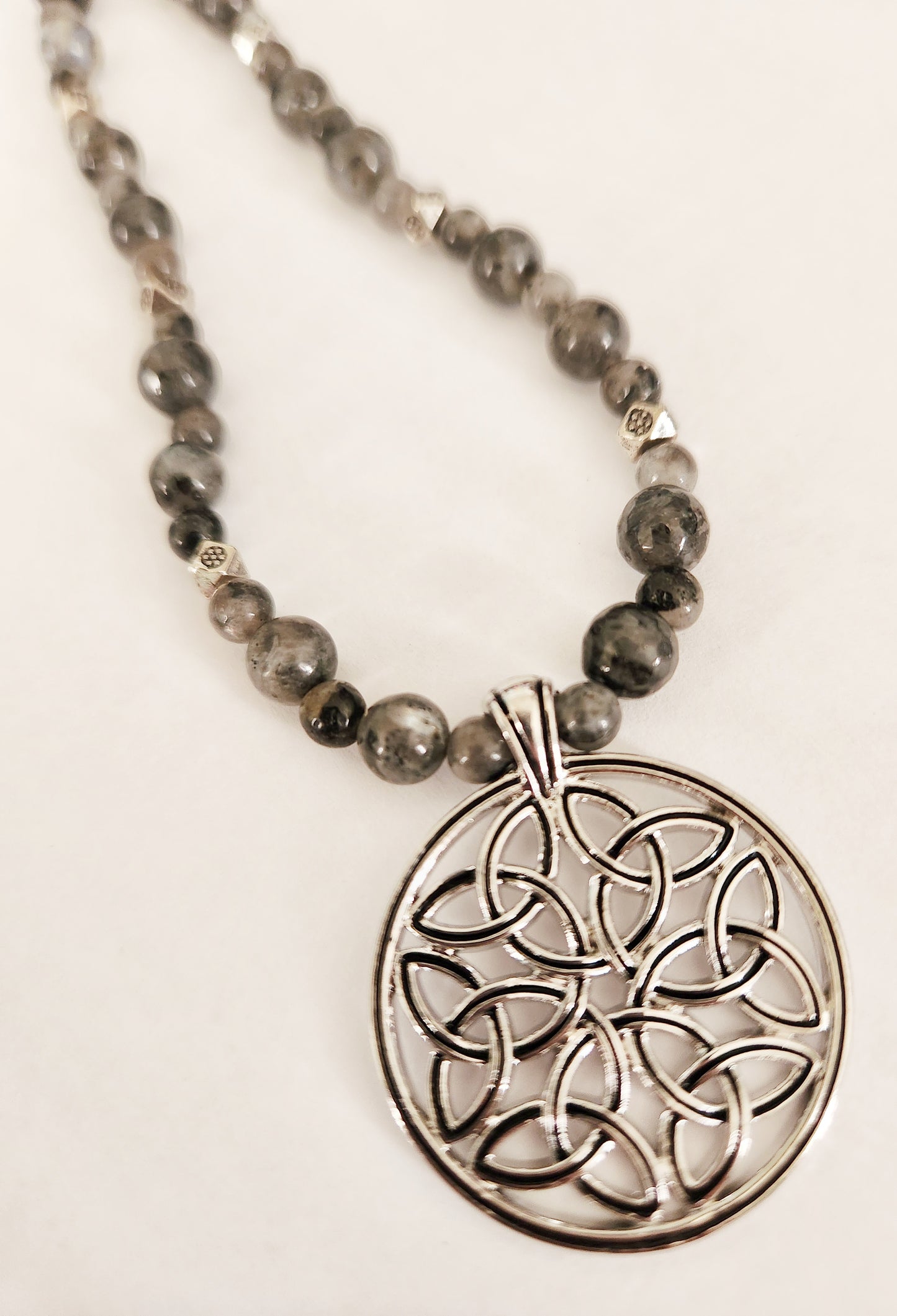 Silver knot circle necklace, Larkavite gemstone necklace