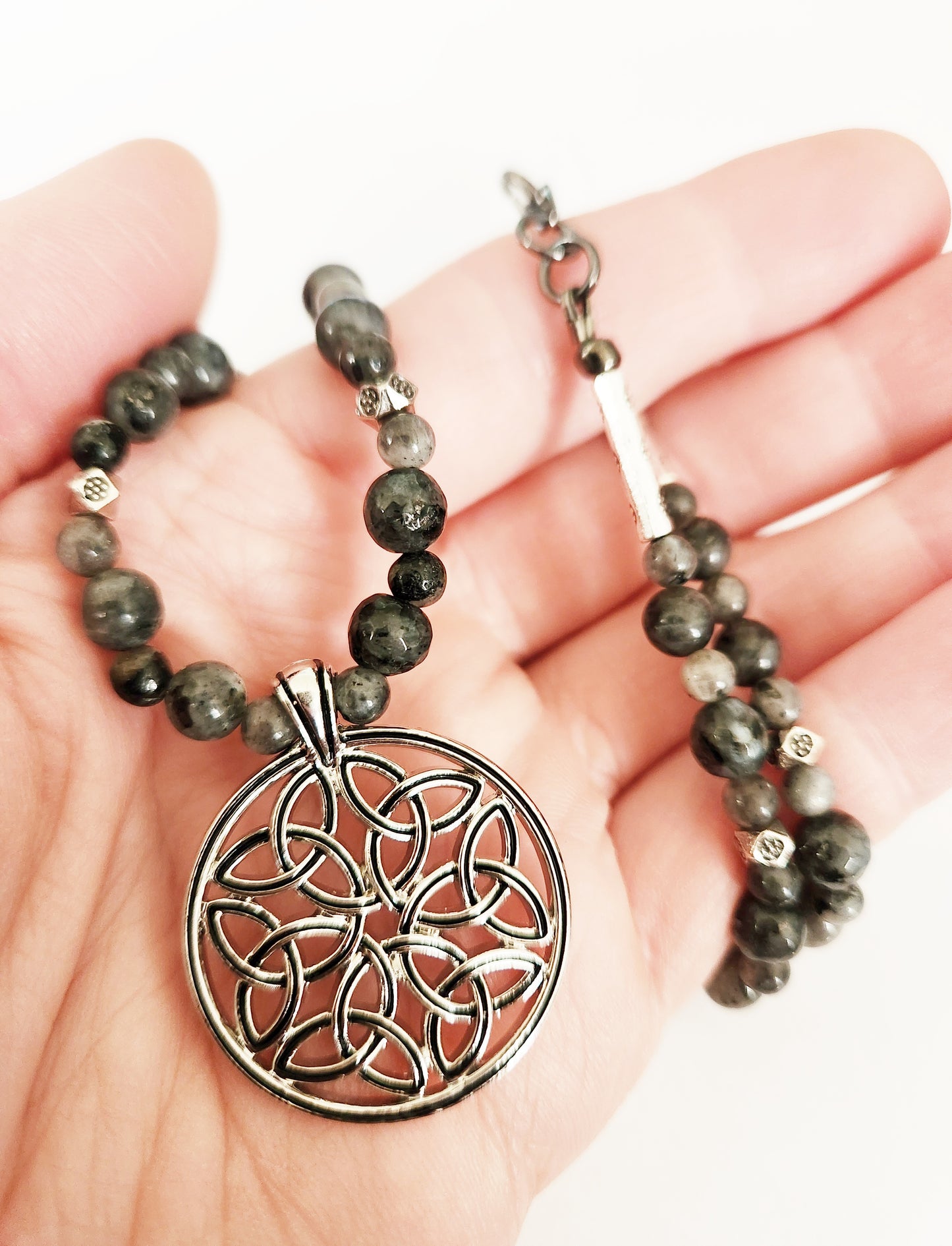 Silver knot circle necklace, Larkavite gemstone necklace