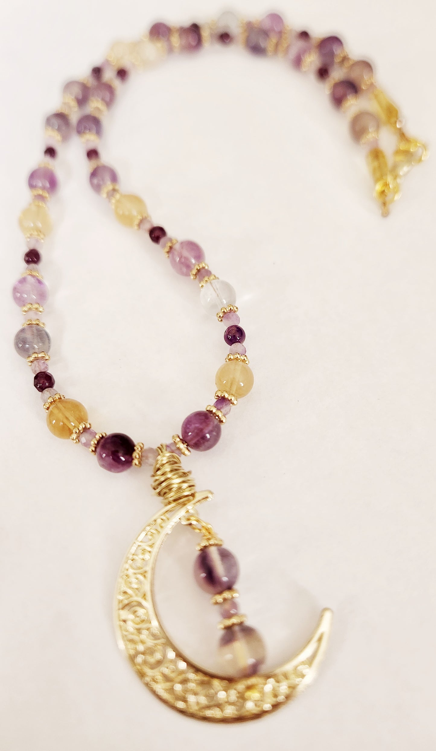 Gold crescent moon Flourite gemstone necklace
