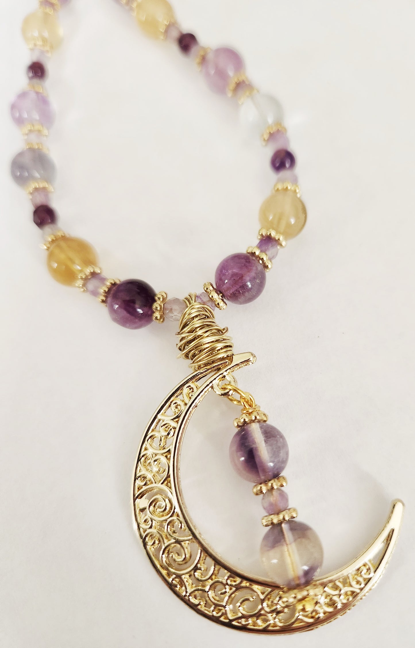 Gold crescent moon Flourite gemstone necklace