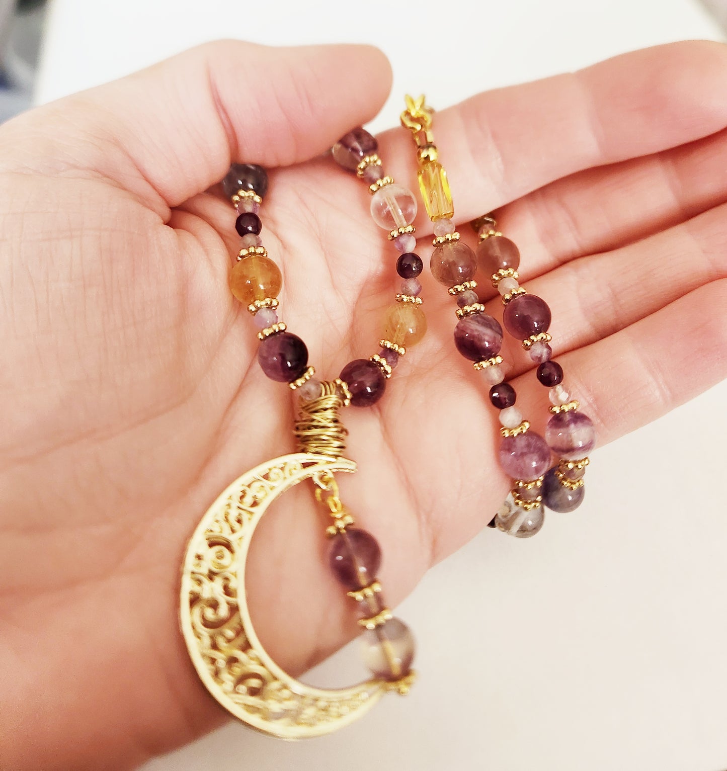Gold crescent moon Flourite gemstone necklace