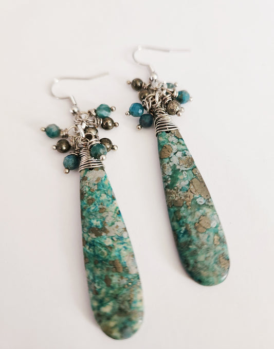 Amazonite and Pyrite gemstone statement earrings