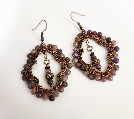 Flower Agate copper teardrop dangle earrings