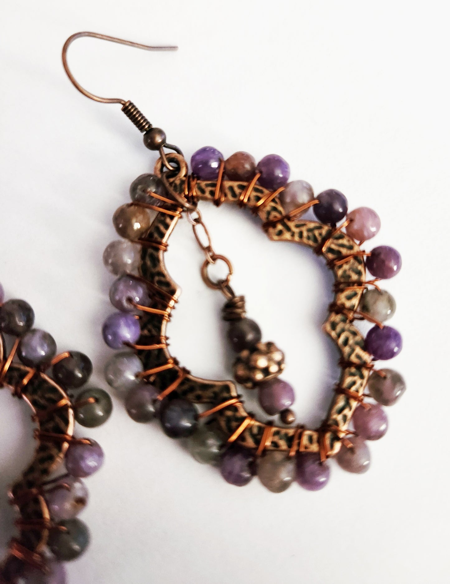 Flower Agate copper teardrop dangle earrings