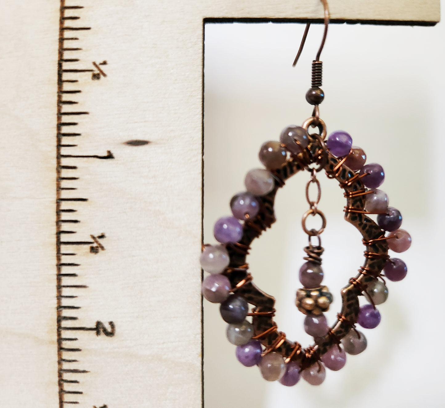 Flower Agate copper teardrop dangle earrings