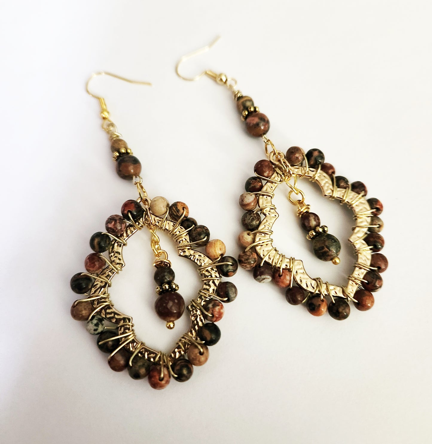 Jasper gemstone gold teardrop dangle earrings