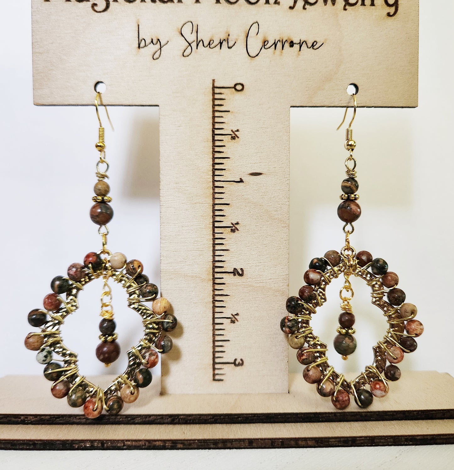 Jasper gemstone gold teardrop dangle earrings