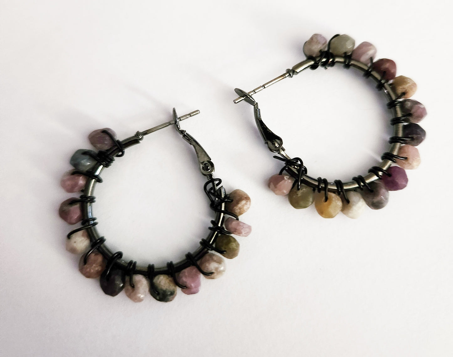 Rainbow Tourmaline gemstone beaded hoop earrings