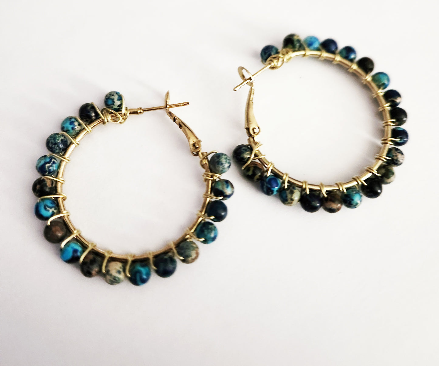 Blue Sea Sediment Jasper gemstone gold hoop earrings