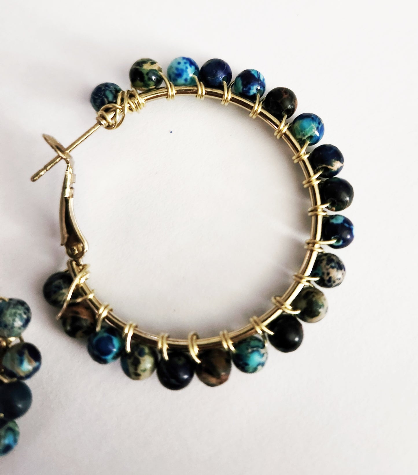 Blue Sea Sediment Jasper gemstone gold hoop earrings